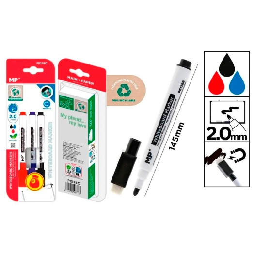marqueur pour tableau blanc, avec effaceur, 3 unités, blister