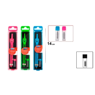 compas de base en étui avec boîte de mines, couleurs assorties, blister