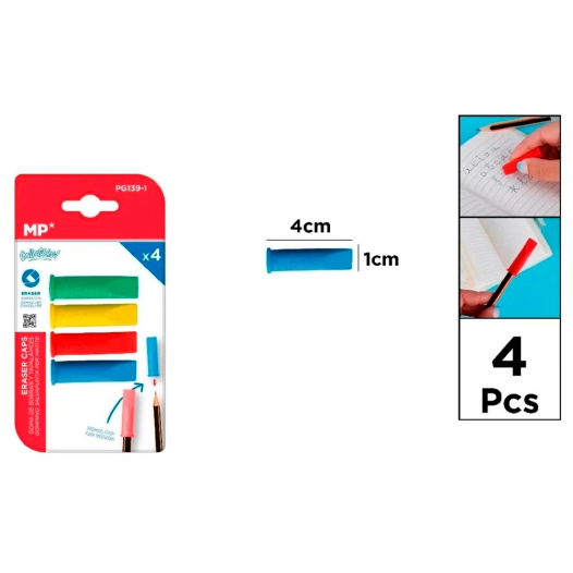 gommes capuchons de couleur pour crayons, 4 unités, blister