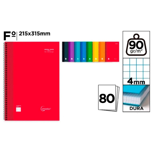 cahier a4, reliure spirale, couverture rigide, 80 feuilles, quadrillage 4 mm, couleurs assorties