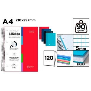 cahier a4, reliure spirale, couverture rigide, 120 feuilles, quadrillage 5 mm, perforé, couleurs assorties