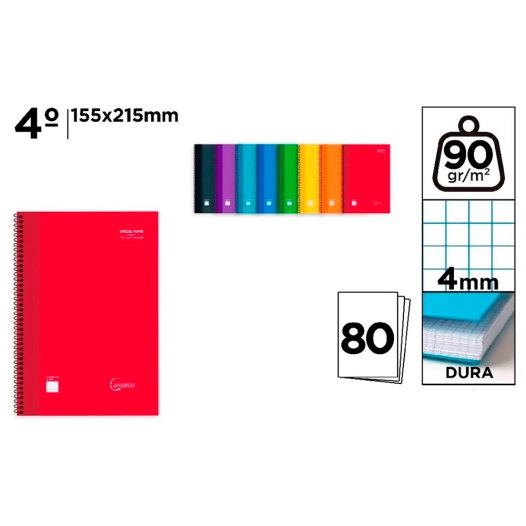 cahier a5, reliure spirale, couverture rigide, 80 feuilles, quadrillage 4 mm, couleurs assorties