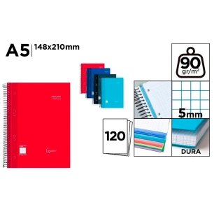 cahier a5, reliure spirale, couverture rigide, 120 feuilles, quadrillage 5 mm, perforé, couleurs assorties