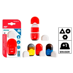 taille-crayon avec bac à copeaux et gomme, couleurs assorties, blister