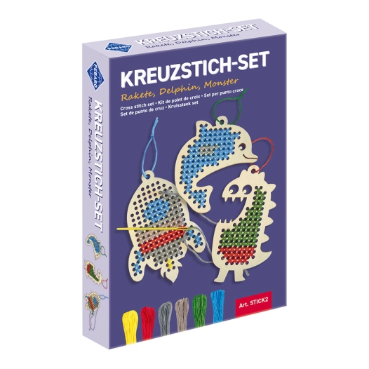 kit de broderie pour enfants: monstre, fusée et dauphin