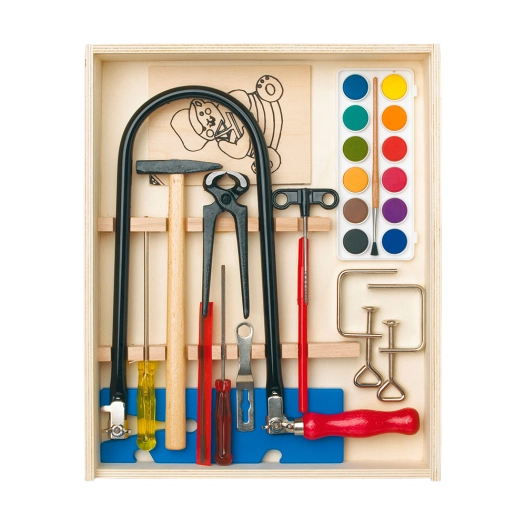 caisse en bois avec kit de marqueterie et peintures, 16 pièces