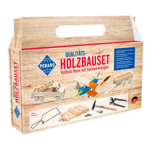 kit de construction en bois dans une boîte en carton avec poignée de transport