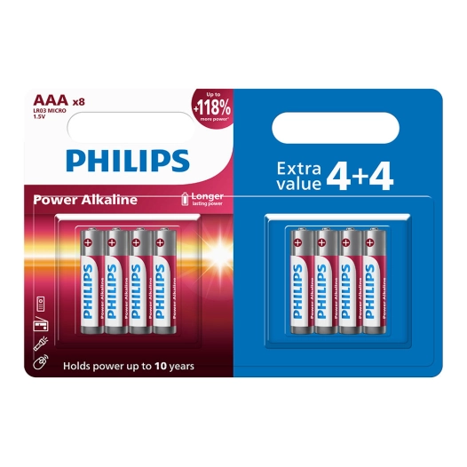 pile alcaline aaa - lr03 1,5 v ø10,5 x 44,5 mm, blister de 8 (4+4) unités