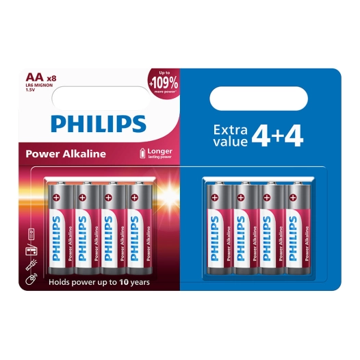 pile alcaline aa - lr06 1,5 v ø14,5 x 50,5 mm, blister de 8 (4+4) unités