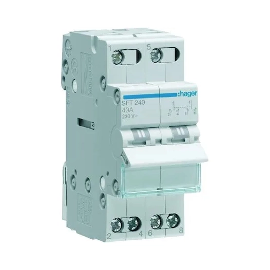 Inverseur de source manuel 40A I-0-II Hager SFT240 - 2P 230V rail DIN pour camping-car, van et batea