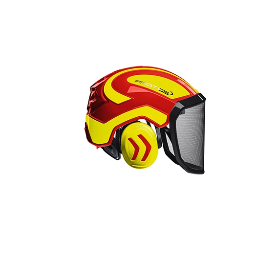 casque de protection forestier intégré pour travaux exigeants. la visière et la protection auditive sont intégrées à la coque. m