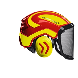 casque de protection forestier intégré pour travaux exigeants. la visière et la protection auditive sont intégrées à la coque. m