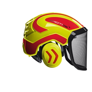 casque de protection forestier intégré pour travaux exigeants. la visière et la protection auditive sont intégrées à la coque. m