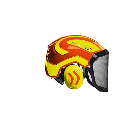 casque de protection forestier intégré pour travaux exigeants. la visière et la protection auditive sont intégrées à la coque. m