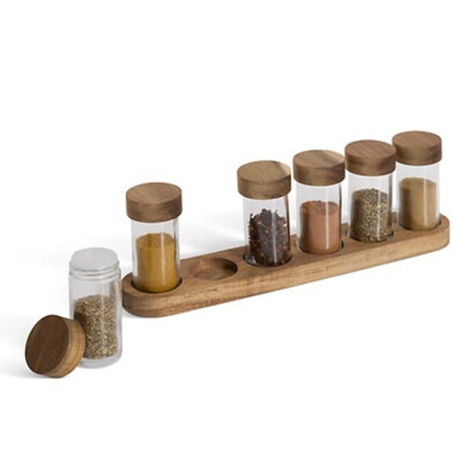 pots à épices en verre avec plateau en acacia, 34,5 x 6,5 x 11 cm