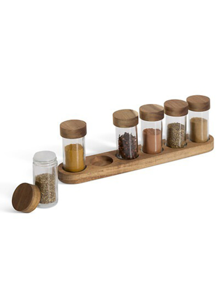 pots à épices en verre avec plateau en acacia, 34,5 x 6,5 x 11 cm