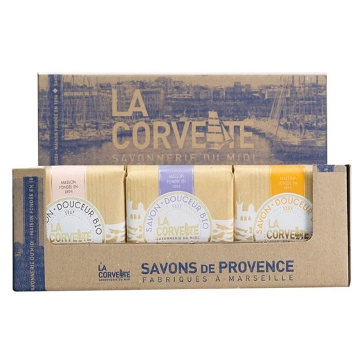prã©sentoir savon douceur bio 100g 3 parfums x12 - compagnie du midi