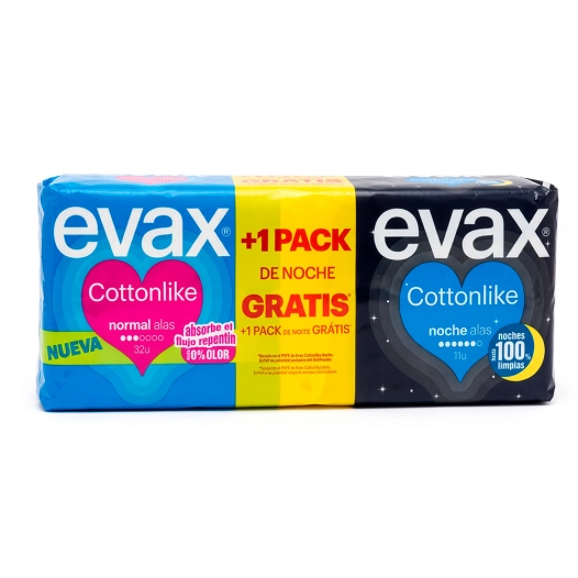 serviettes hygiéniques pack cottonlike normal avec ailes 32 unités + nuit avec ailes 11 unités